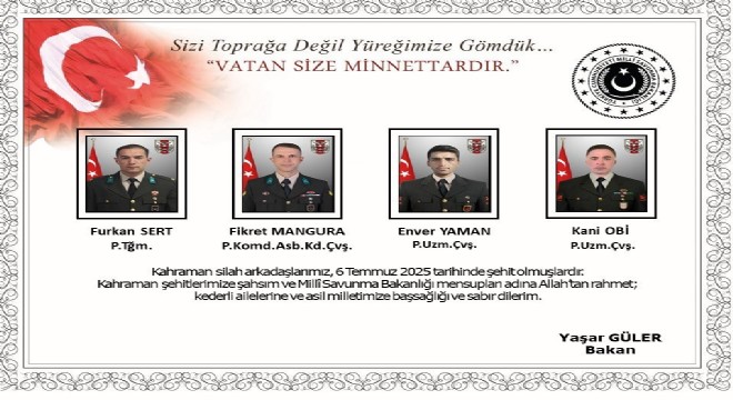 MSB:  Şehit olan personel sayısı 12 ye yükselmiştir 